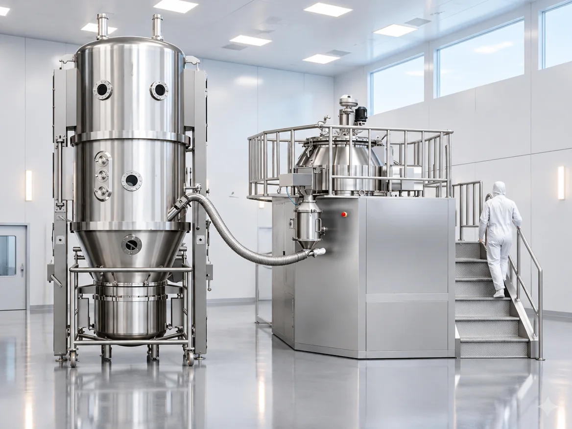 Neocorp granulation suite with fluid bed dryer and mixer granulator in a cleanroom