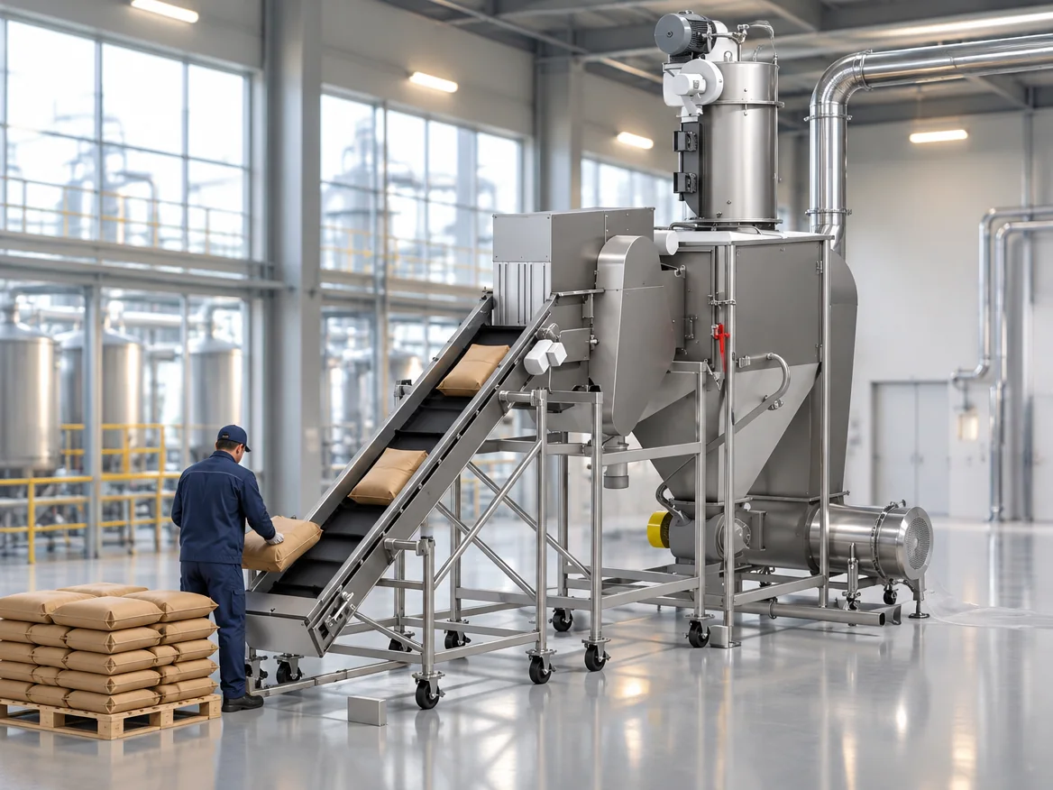 Neomatik bag dumping and slitting system feeding sacks into a dust-free line